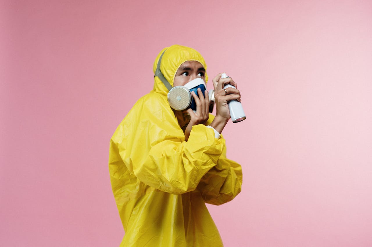 Home A person in a yellow hazmat suit holding a spray can against a pink background.