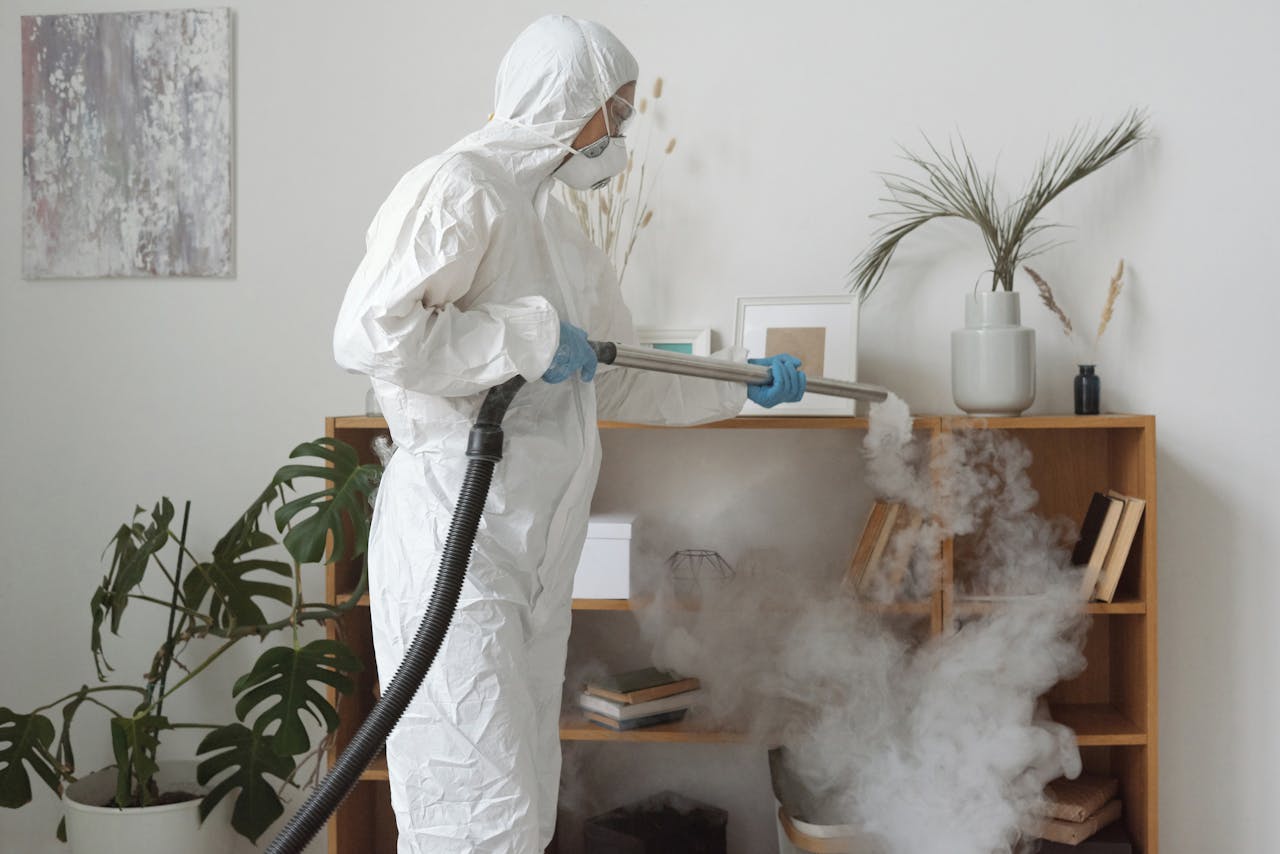 Home Person using fogging equipment in protective gear to disinfect indoor area with plants and bookshelves.